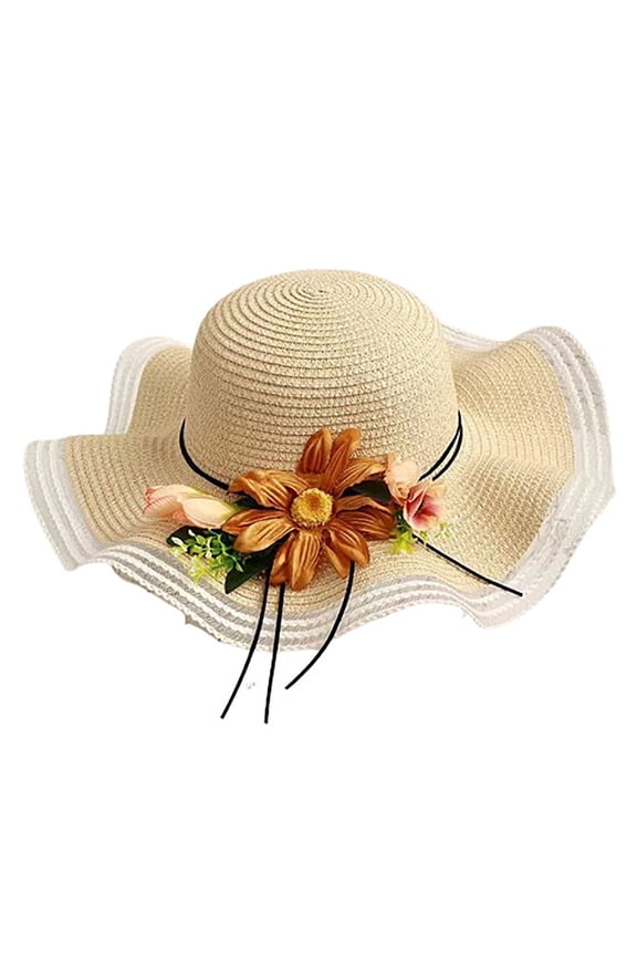 Women's Sunflower Floral Straw Sun Hat, Wide Brim Foldable UPF 50 Beach Vacation Fashion Cap Beige