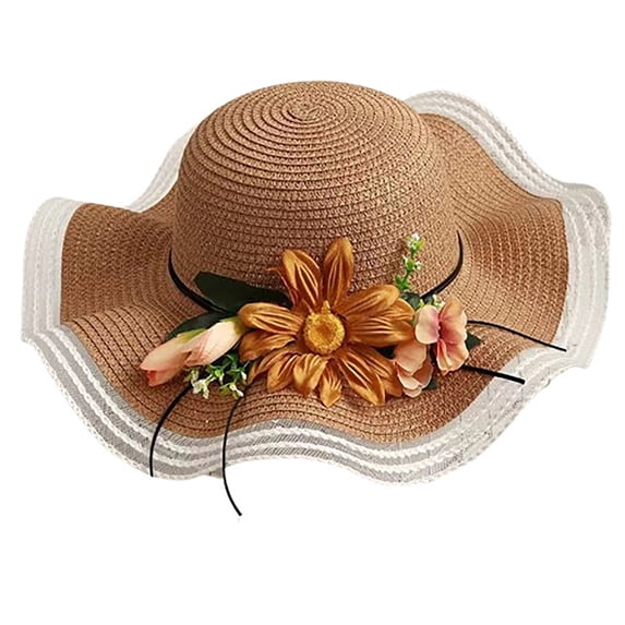 UTSJKR Women's Sunflower Floral Straw Sun Hat, Wide Brim Foldable UPF 50 Beach Vacation Fashion Cap Khaki