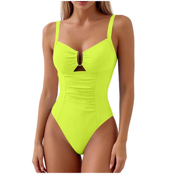 UTSJKR Women's Sweetheart Neck One-Piece Swimsuit, Ruched Tummy Control Bathing Suit with Gold U-Ring Detail Yellow S