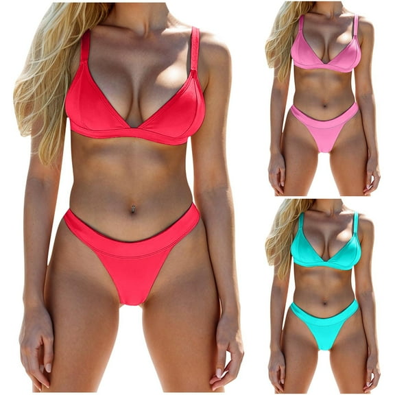 UTSJKR Women's Swim Bikini, Summer Solid Color Spaghetti Strap Swimsuit High Waist Two Piece Bathing Suit Sets Green L