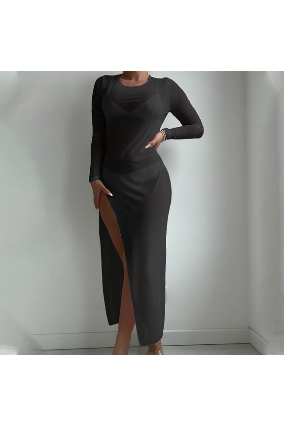 Women's Swimsuit Coverup Lace Crochet See Through Long Sleeve Maxi Dress Swimwear Cover Up Side Slit Mesh Sheer Beach Dress Bikini Coverups Black M