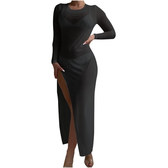 UTSJKR Women's Swimsuit Coverup Lace Crochet See Through Long Sleeve Maxi Dress Swimwear Cover Up Side Slit Mesh Sheer Beach Dress Bikini Coverups Black S