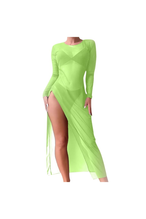 Women's Swimsuit Coverup Lace Crochet See Through Long Sleeve Maxi Dress Swimwear Cover Up Side Slit Mesh Sheer Beach Dress Bikini Coverups Green M