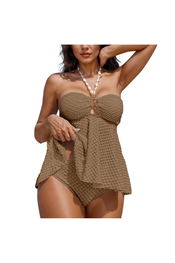 Women's Tankini Sets Two Piece Halter Cut Out Bathing Suits Backless Tummy Control Swimsuit Flowy Swimwear Khaki L