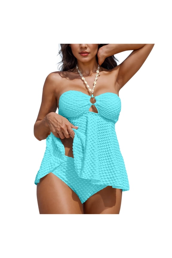 Women's Tankini Sets Two Piece Halter Cut Out Bathing Suits Backless Tummy Control Swimsuit Flowy Swimwear Light Blue M
