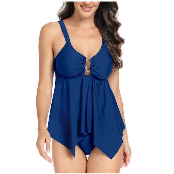 UTSJKR Women's Tankini Swimsuits with Shorts Tummy Control 2 Piece Ladies Solid Bathing Suits Tops Plus Size Swimwear Blue S