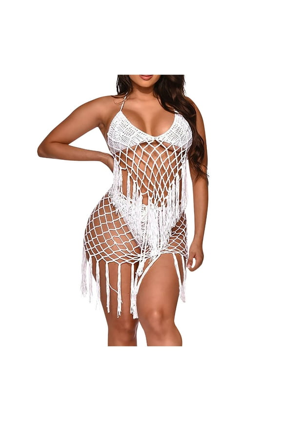 Women's Tassel Fishnet Swimsuits High Waisted Two Piece Bathing Suit Flattering Halter Knitted Swim Top and Bikini Bottoms White M