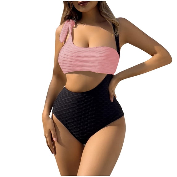 UTSJKR Women's Textured One Piece Swimsuit Colorblock Sexy Cutout Tummy Control Bathing Suit Slimming Push Up Padded Swimwear Pink L