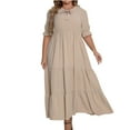 thumbnail image 1 of UTSJKR Women's Tiered Maxi Dress Ruffle Short Sleeve Smocked 2024 Fashion Bow Tie Crew Neck Sundress High Waist Pleated Ruffled Hem Loose Flowy Swing Dress Khaki XXL, 1 of 7