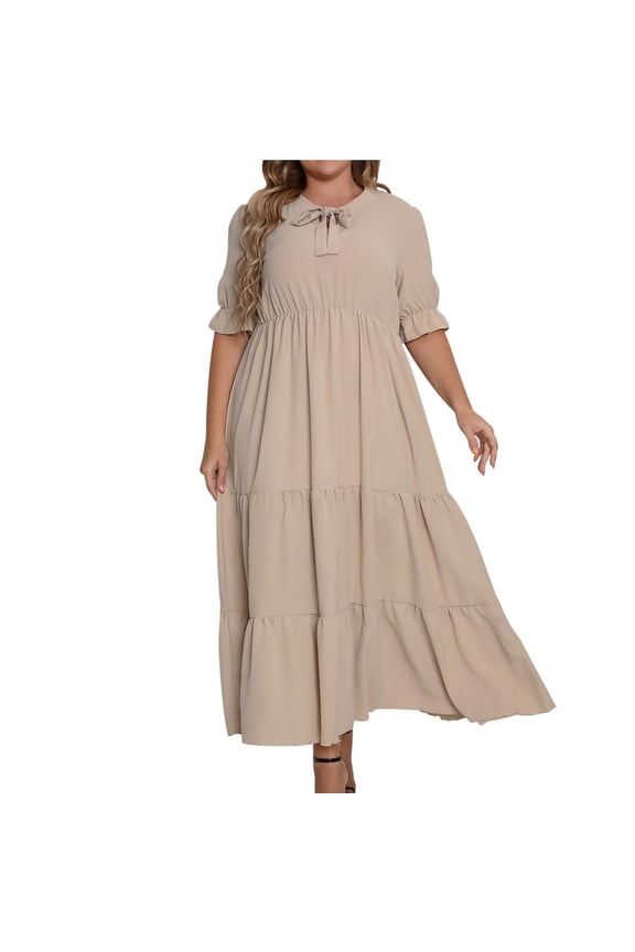 Women's Tiered Maxi Dress Ruffle Short Sleeve Smocked 2024 Fashion Bow Tie Crew Neck Sundress High Waist Pleated Ruffled Hem Loose Flowy Swing Dress Khaki XL