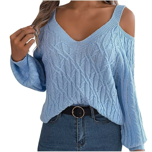 UTSJKR Women's Trendy Cold Shoulder Sweaters 2024 Fashion Clothing Solid V Neck Pullover Tops Cable Knit Loose Oversized Jumper Long Lantern Sleeve Sleeve Fall Sweaters Blue S