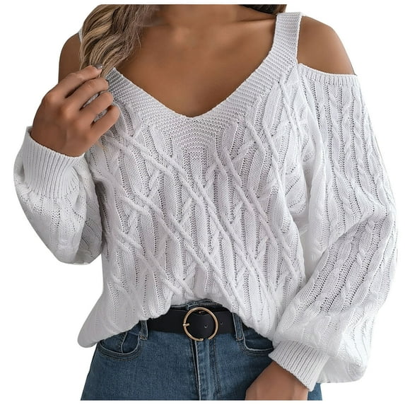 UTSJKR Women's Trendy Cold Shoulder Sweaters 2024 Fashion Clothing Solid V Neck Pullover Tops Cable Knit Loose Oversized Jumper Long Lantern Sleeve Sleeve Fall Sweaters White S