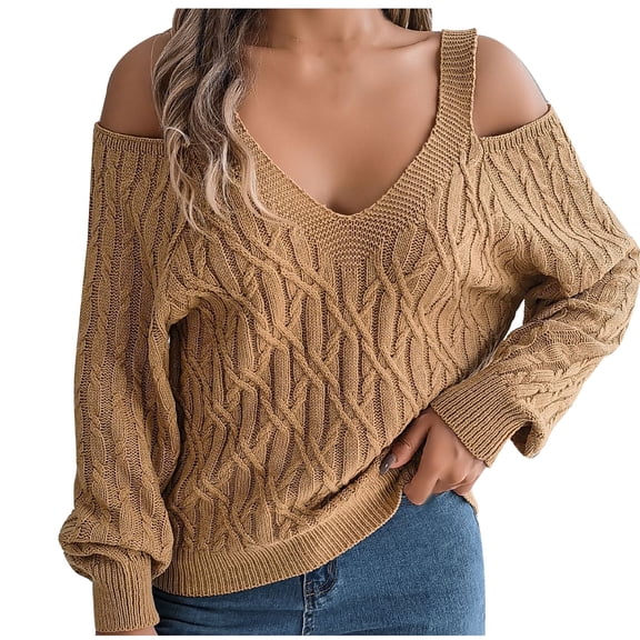 UTSJKR Women's Trendy Cold Shoulder Sweaters 2024 Fashion Clothing Solid V Neck Pullover Tops Cable Knit Loose Oversized Jumper Long Lantern Sleeve Sleeve Fall Sweaters Khaki S