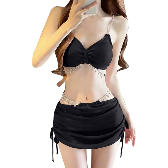 UTSJKR Women’s Trendy Glitter Triangle Bikini Set with Rhinestone Body Chain 3-Piece Swimsuit with Beach Skirt Black S