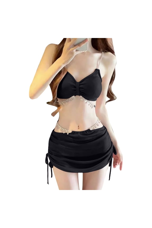 Women’s Trendy Glitter Triangle Bikini Set with Rhinestone Body Chain 3-Piece Swimsuit with Beach Skirt Black S