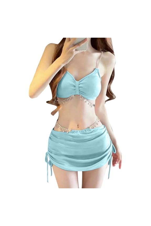Women’s Trendy Glitter Triangle Bikini Set with Rhinestone Body Chain 3-Piece Swimsuit with Beach Skirt Light Blue L