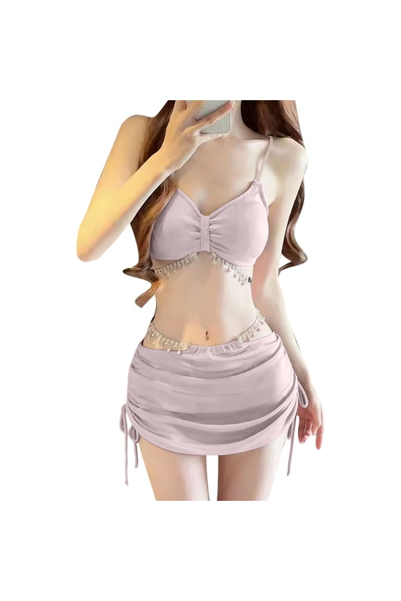 Women’s Trendy Glitter Triangle Bikini Set with Rhinestone Body Chain 3-Piece Swimsuit with Beach Skirt Pink S