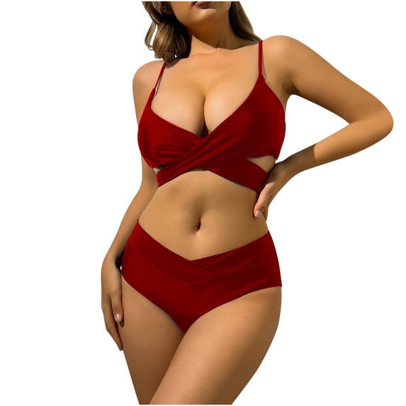 UTSJKR Women's Triangle High Cut Bikini Sets Criss Cross Wrap Tie Bikini Two Piece Swimsuits Full Coverage Bathing Suits Bottom Red M