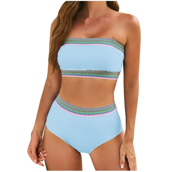 UTSJKR Women's Tube Top Bikini Set 2 Piece High Waisted Swimwear Color Block Bathing Suit Stretch Exotic Two Piece Swimsuit Light Blue L
