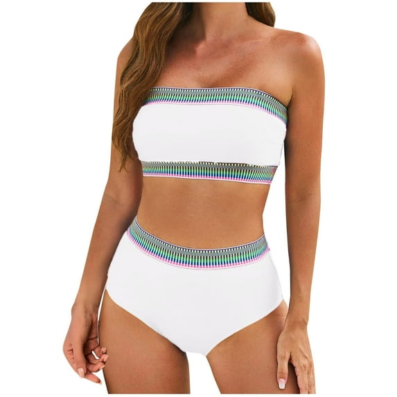 UTSJKR Women's Tube Top Bikini Set 2 Piece High Waisted Swimwear Color Block Bathing Suit Stretch Exotic Two Piece Swimsuit White L