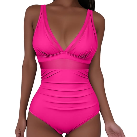 UTSJKR Women's Tummy Control Swimsuits Mesh Flattering One Piece Push Up High Waisted Bathing Suits Slimming V Neck Swimwear Hot Pink L
