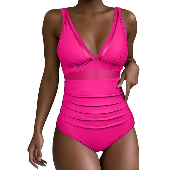 UTSJKR Women's Tummy Control Swimsuits Mesh Flattering One Piece Push Up High Waisted Bathing Suits Slimming V Neck Swimwear Hot Pink S