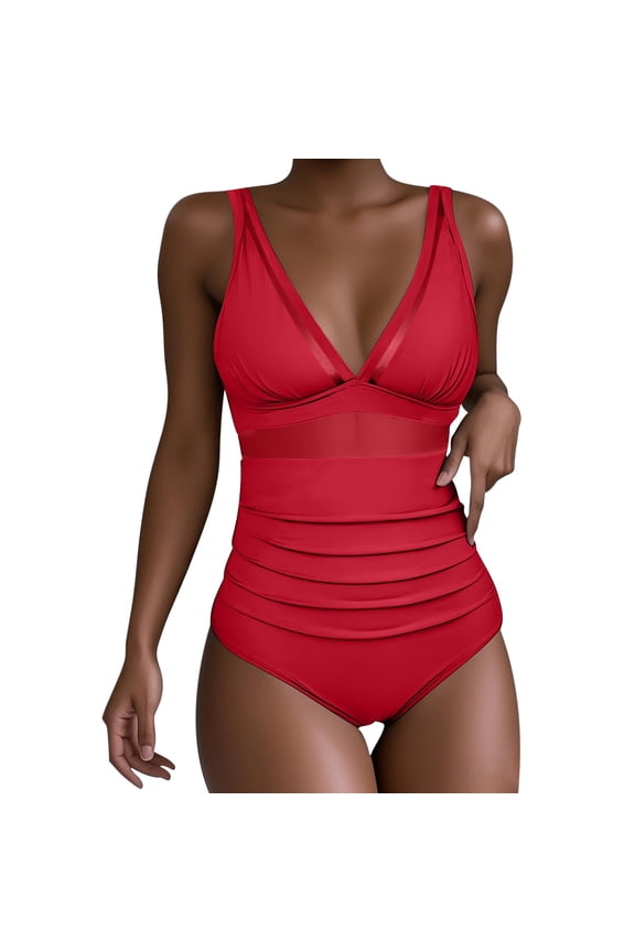Women's Tummy Control Swimsuits Mesh Flattering One Piece Push Up High Waisted Bathing Suits Slimming V Neck Swimwear Red S
