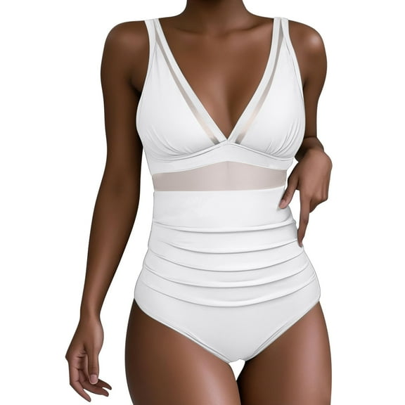 UTSJKR Women's Tummy Control Swimsuits Mesh Flattering One Piece Push Up High Waisted Bathing Suits Slimming V Neck Swimwear White L