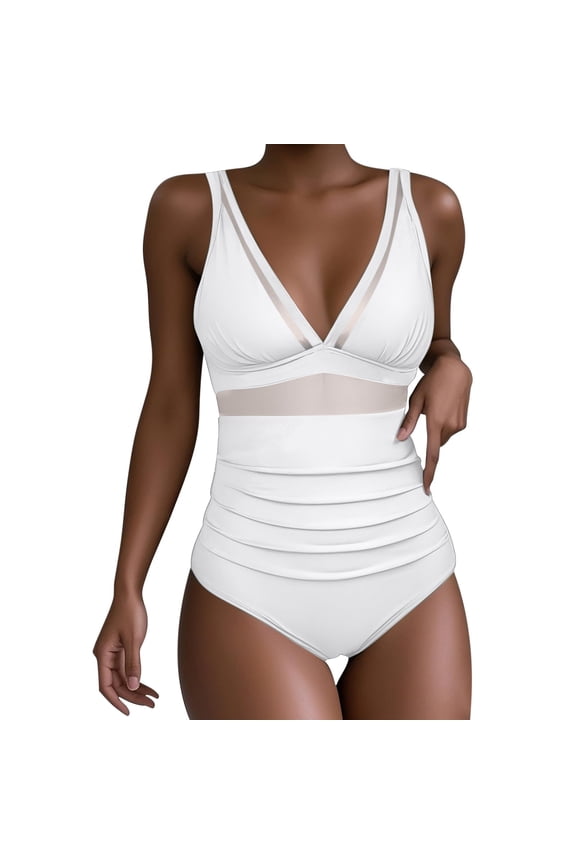 Women's Tummy Control Swimsuits Mesh Flattering One Piece Push Up High Waisted Bathing Suits Slimming V Neck Swimwear White S