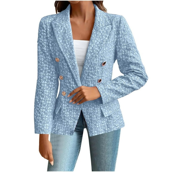 UTSJKR Women's Tweed Blazers for Business Spring Long Sleeve Double Breasted Casual Jackets Slim Fit Open Front Work Suits Light Blue S