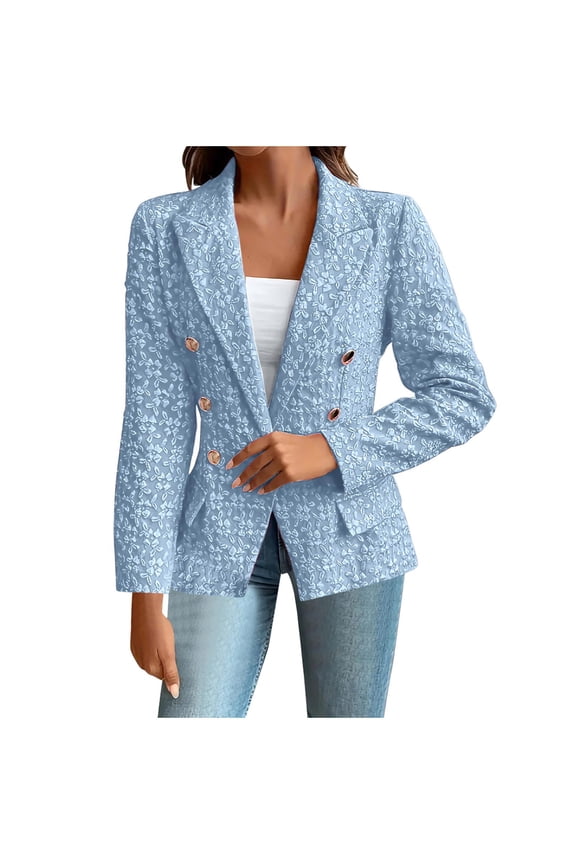 Women's Tweed Blazers for Business Spring Long Sleeve Double Breasted Casual Jackets Slim Fit Open Front Work Suits Light Blue S