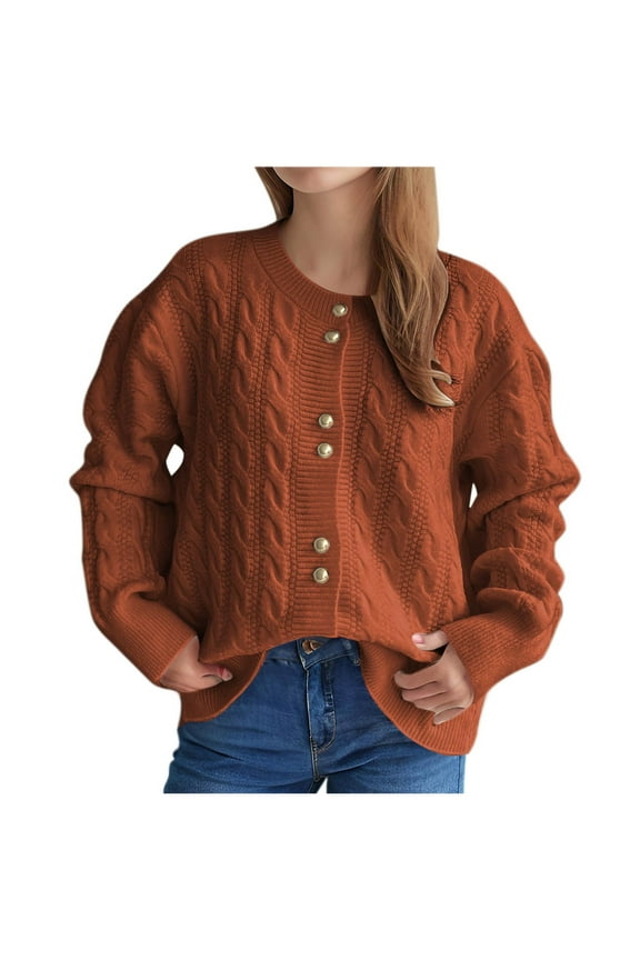 Women's Twist Knit Cardigan Sweater, Long Sleeve Loose Casual Sweaters Coat Open Front Button Down Warm Jumper Tops Brown M