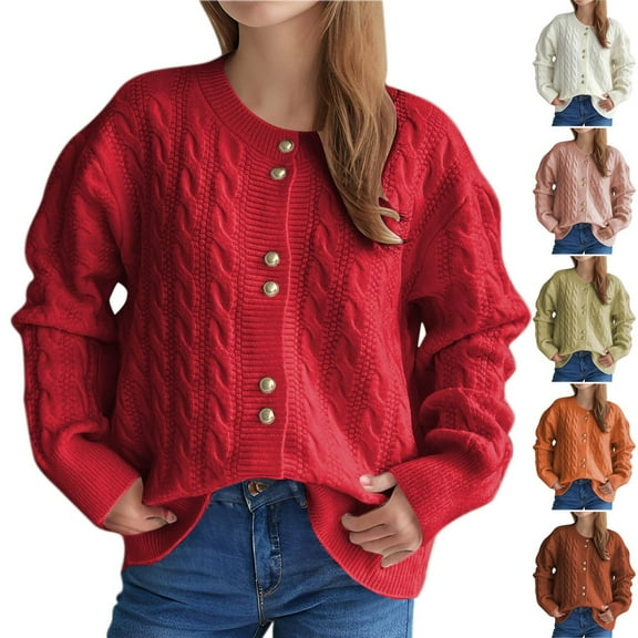 UTSJKR Women's Twist Knit Cardigan Sweater, Long Sleeve Loose Casual Sweaters Coat Open Front Button Down Warm Jumper Tops Orange L