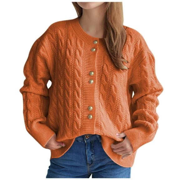 UTSJKR Women's Twist Knit Cardigan Sweater, Long Sleeve Loose Casual Sweaters Coat Open Front Button Down Warm Jumper Tops Orange S