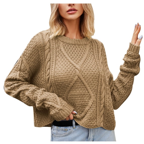 UTSJKR Women's Twists Knit Sweaters Clearance Fall Winter Basic Loose Fit Short Pullover Sweaters Tops Long Sleeve Tunic Tops 2024 Fashion Classic Solid Crew Neck Blouse Khaki S