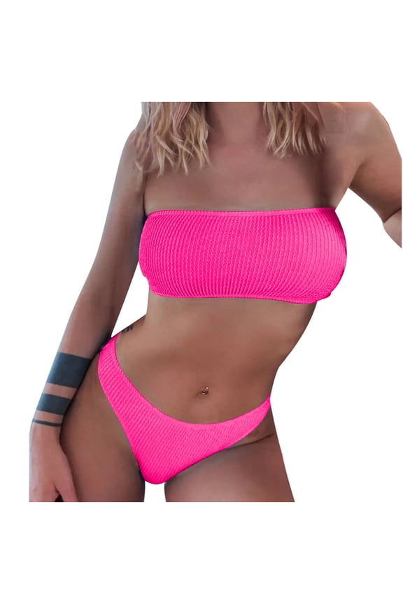 Women's Two Piece Bandeau Swimsuit Ribbed Strapless Tube Bikini Top with Mid Waist Cheeky Bottom Bathing Suit Hot Pink M