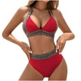 thumbnail image 1 of UTSJKR Women's Two Piece Bathing Suit Colorblock Tie Back Halter Bikini High Waist Halter V Neck Swimsuits Full Coverage Bathing Suits Red 4-6, 1 of 4