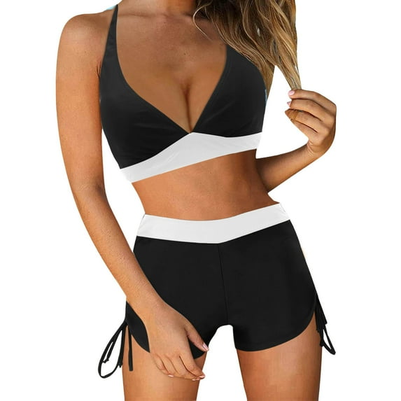 UTSJKR Women's Two Piece Bathing Suit with Boyshorts Halter Push Up Bathing Suits Sporty V Neck Drawstring Bathing Suit White S