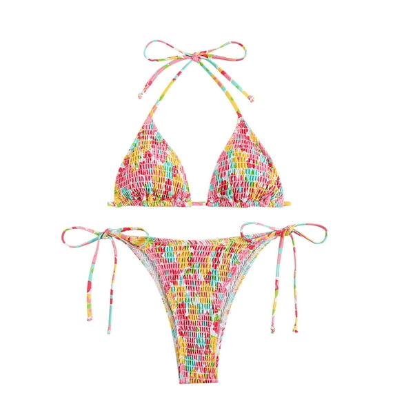 UTSJKR Women's Two Piece Bikini Sets Plaid Trendy Bathing Suit High Waisted Halter Triangle Swimsuit Bikini Set Hot Pink L