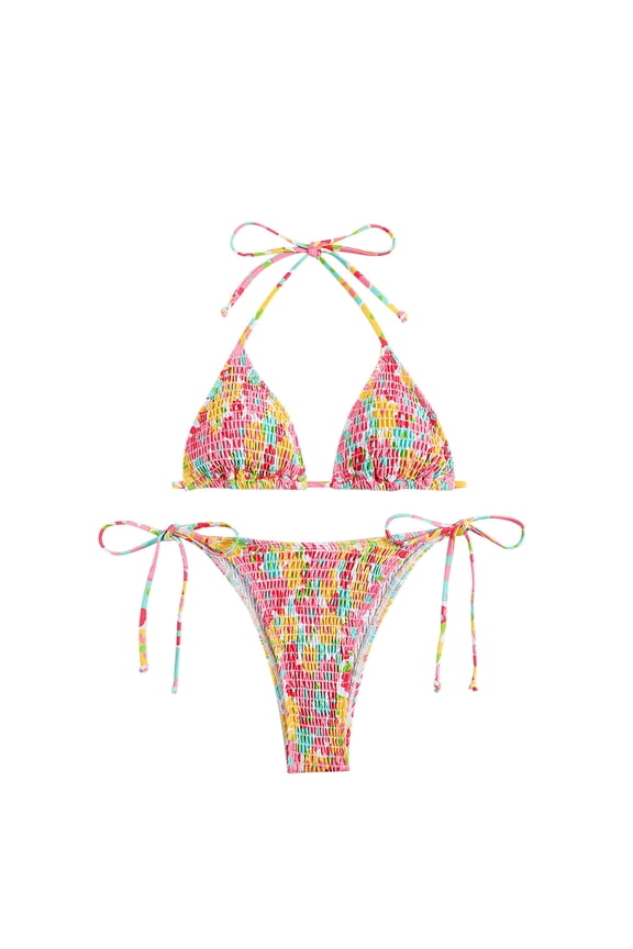 Women's Two Piece Bikini Sets Plaid Trendy Bathing Suit High Waisted Halter Triangle Swimsuit Bikini Set Hot Pink XL