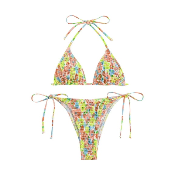 UTSJKR Women's Two Piece Bikini Sets Plaid Trendy Bathing Suit High Waisted Halter Triangle Swimsuit Bikini Set Orange S