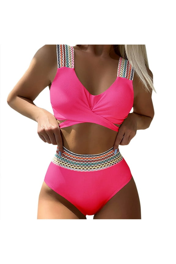 Women's Two Piece Ribbed Swimsuit Summer Beach Fashion Twist Front High Waisted Bikini Sets Bathing Suits Hot Pink L