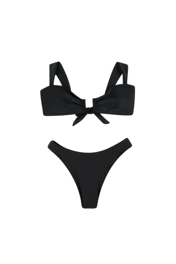 Women's Two Piece Triangle Top Bathing Suits Bikini Sets with Bottom Tie Back Padded High Cut Bralette Swimsuit Set Black S