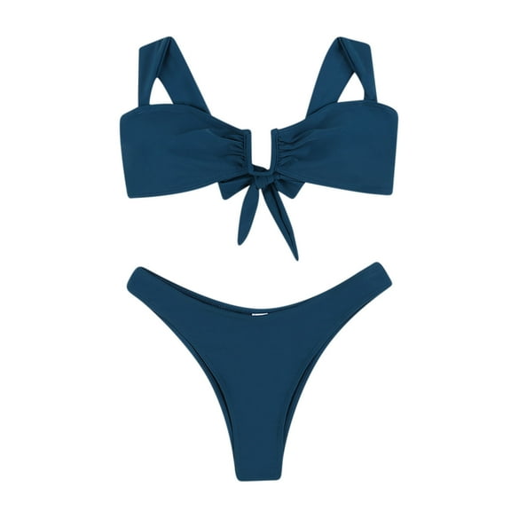 UTSJKR Women's Two Piece Triangle Top Bathing Suits Bikini Sets with Bottom Tie Back Padded High Cut Bralette Swimsuit Set Navy M