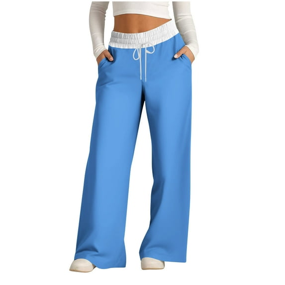 UTSJKR Women's Two-Tone Wide Leg Lounge Pants with Pockets High Waist Drawstring Yoga Pants Loose Fit Comfy Long Trousers Sky Blue S