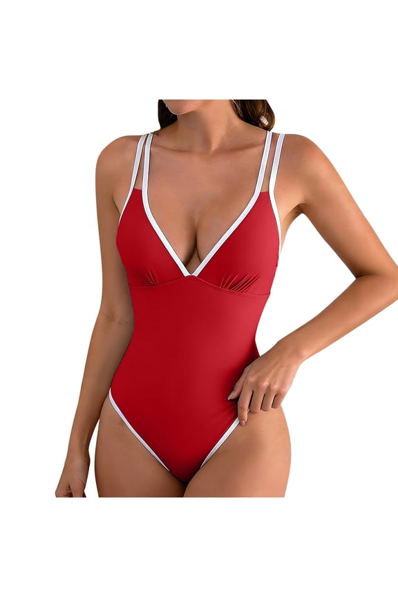 Women's V-Neck Cutout One-Piece Swimsuit, Ruched Tummy Control Bathing Suit with Racerback Straps Red L