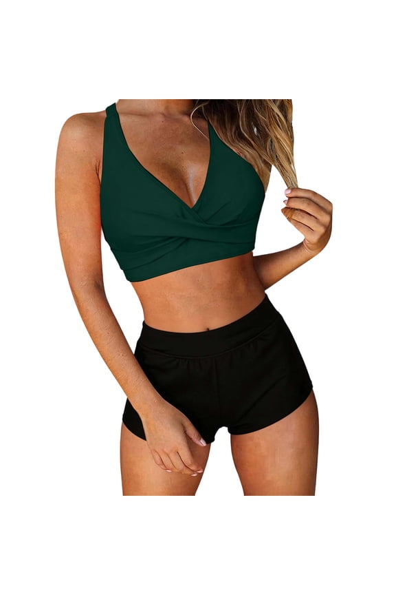 Women's V Neck Solid Bikini Swimsuit, Padded Wireless Crisscross Back Tie 2 Piece Bathing Suit for Summer Pool Parties Navy XL