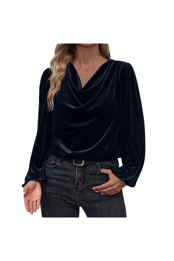 Women's Velvet Blouses Cocktail Evening Party Dressy Casual Long Sleeve Shirts Cowl Neck Ruched Long Sleeve Tops Navy XXL