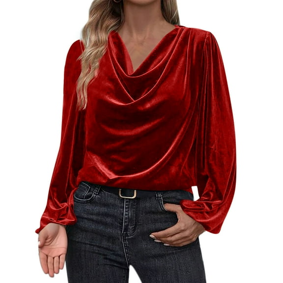 UTSJKR Women's Velvet Blouses Cocktail Evening Party Dressy Casual Long Sleeve Shirts Cowl Neck Ruched Long Sleeve Tops Red M