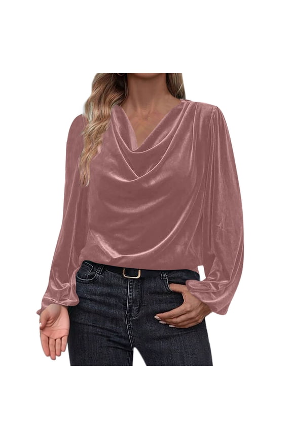 Women's Velvet T Shirts Casual Long Sleeve Solid Shirt Cowl Neck Drape Ruched Front Long Sleeve Blouses Tops Pink XXL
